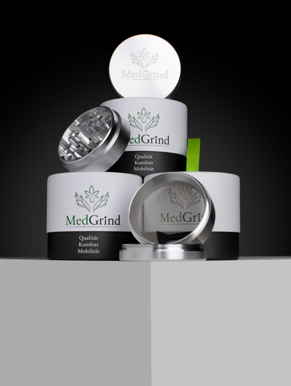 MedGrind Aluminium Grinder 63 mm und 40 mm, 4-teilig, eloxiert und unbeschichtet mit Pollinator-Sieb.