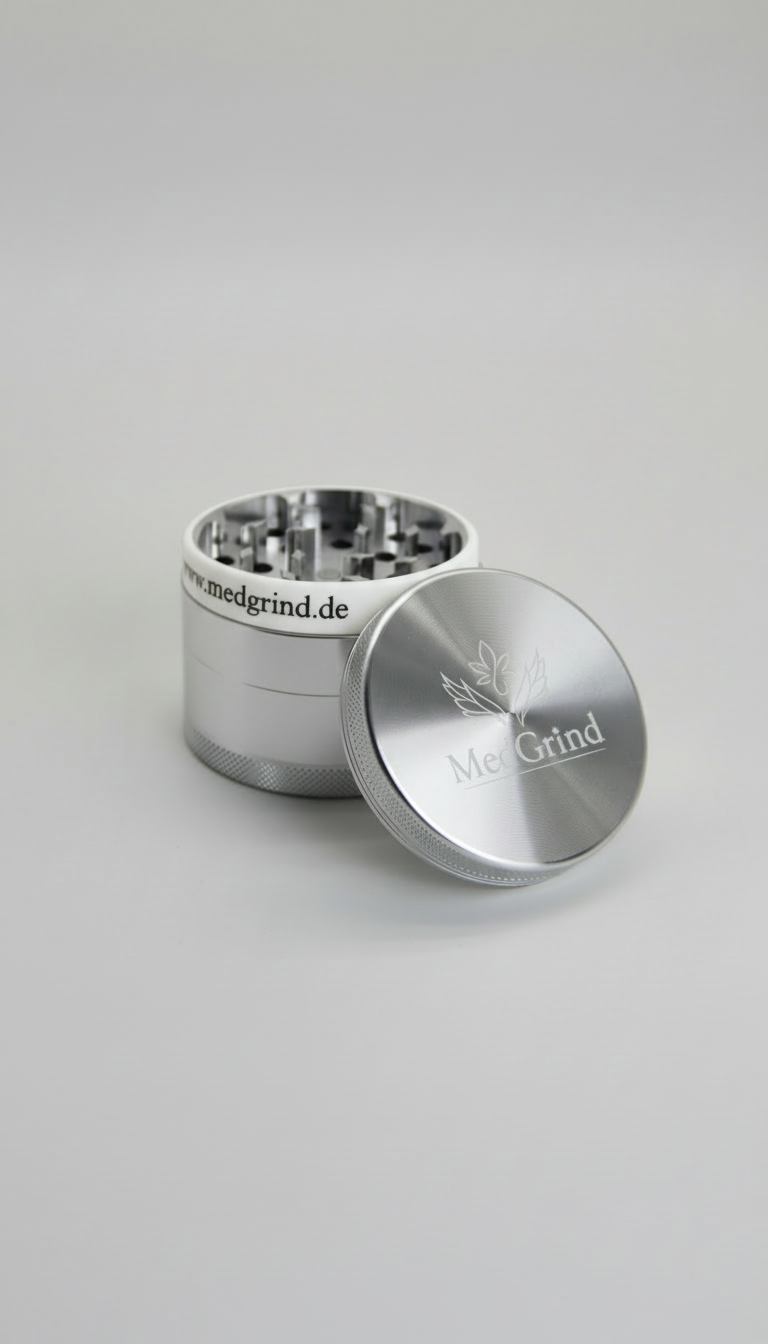 Geöffneter Edelstahl Grinder von MedGrind mit weißem Silikon-Schutzring und abgenommenem Deckel