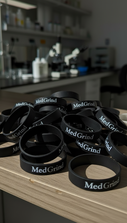 Schwarze Silikon-Schutzringe für Grinder von MedGrind auf Holzoberfläche verteilt