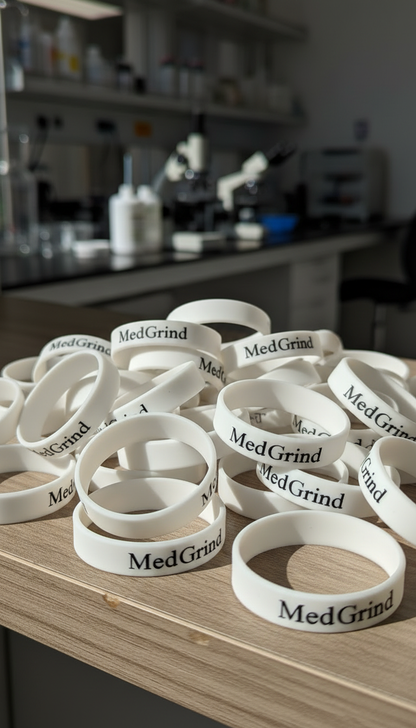 Weiße Silikon-Schutzringe für Grinder von MedGrind auf Holzoberfläche verteilt