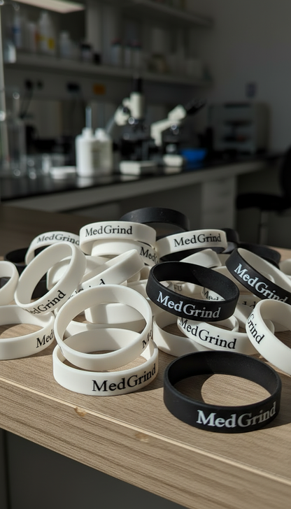 Mehrere Silikon-Schutzringe für Grinder von MedGrind in Weiß und Schwarz auf Holzoberfläche verteilt