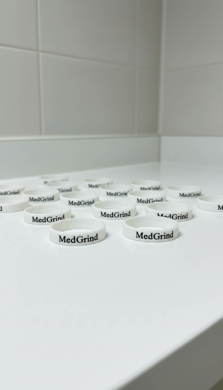 Mehrere weiße Silikon-Schutzringe für Grinder mit MedGrind Logo auf weißem Untergrund